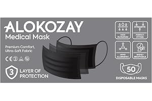 Alokozay Medical Face Mask - Black - 50 Pcs Disposable Face Mask | Breathable 3-ply protection