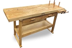 LUMBER JACK WB1520D2 Heavy Duty Hardwood Workbench with 7” Vice, Felt-Lined Drawers, Side Work Clamp, Metal Bench Stops & Bottom Storage Shelf, 1520mm x 620mm, Woodworking Bench
