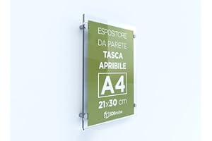 3DSCUBE targa in plexiglass da parete a tasca apribile, porta avvisi e depliant formato A4 verticale 21×30 cm, completa di distanziali in alluminio