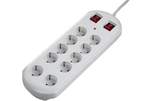 Hama Listwa zasilająca z 10 gniazdami (ochrona przed przepięciem, dwa przełączniki do łączenia grupowego, oczka do montażu na ścianie, organizer kablowy, obracany o 45°, maks. 3500 W, kabel 2 m) biała