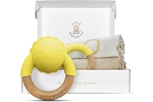 Little Giggles Co.® Baby Gifts - Unisex Teething Toys & Large Muslin Cloths Gift Set. Sensory Play Rattle, Soothing Teether Ring, Cotton Baby Muslins. Baby Essentials for Newborn & Baby Shower Gifts