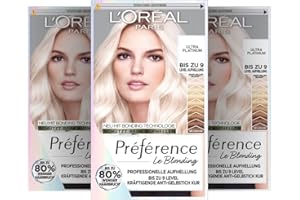 ‎L'OREAL PARIS L'Oréal Paris Extrem Aufheller für platin-blondes Haar, Mit Anti-Gelbstich und Anti-Haarbruch Technologie, Permanente Haarfarbe, Préférence Le Blonding, 9L Helles Platinblond, Multipack