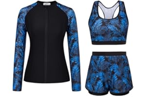 JASAMBAC 3-Piece Rash Guard Swimsuits for Women UPF 50+ Bikini Top & High Waist Boyshorts Zipper Modest Swimwear Ladies Swimming Costumes Bathing Suit Soft Surf Suit