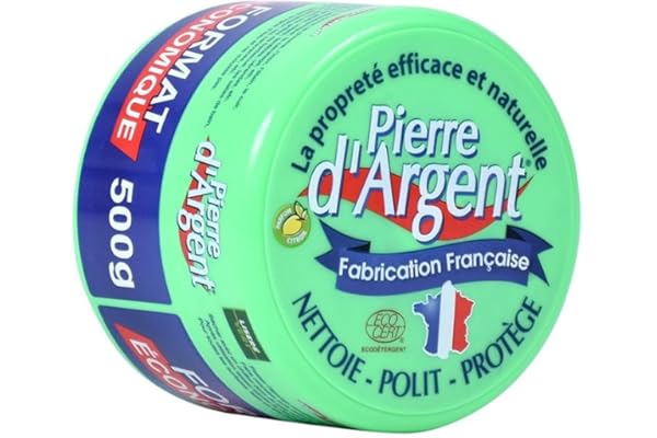 LISERÉ VERT - Pierre d'Argent format 500 g, parfum citron, nettoyant ménager multi-usage, éponge incluse, fabriqué en France, certifié ECOCERT