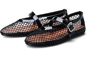 Adrizzlein Mesh Ballet Flats for Women Fishnet Ballerina Flats Buckle Strap Mesh Ballet Shoes Wide Width Casual Summer Dress Flat Shoes