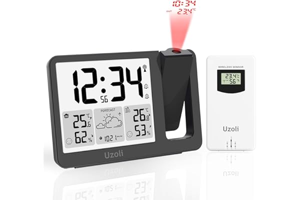 Uzoli EM3539E Projektionsväckarklocka med utetemperatur, Väderstation | Projektion av tid & temperatur • DCF-radioklocka • Luftfuktighet • Väderprognos • Auto-dimmer • Komfortindikator