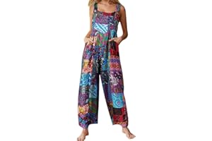 Runstarshow Womens Dungarees UK Baggy Overalls Women Jumpsuits Wide Leg Casual Romper Ladies Playsuit Oversized Trousers Floral Printed Pants for Summer Vacation Daily Life Size S-2XL