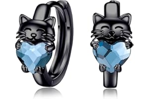 CHENGHONG Gatti neri orecchini in argento 925 gatti orecchini a cerchio ragazza ipoallergenici blu cristallo gatti gioielli regali per bambini donne…, Argento sterling