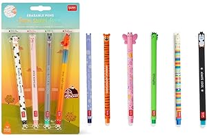 Legami Set de 10 bolígrafos de gel borrables, inspirado en animales de granja: hipopótamo, tigre, mariposa, dinosaurio, llama y pingüino