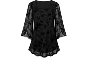 Syphiby Womens Blouses Ruffle 3/4 Sleeve Tunic Tops Loose Flowy Square Neck Chiffon Top Double Layers Mesh Shirts M-3XL