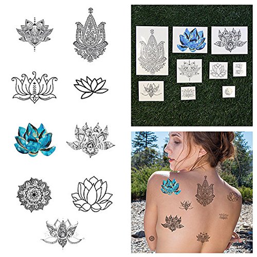 Tattify Assorted Lotus Flower Temporary Tattoos - Body, Mind and Spirit (Set of 18)