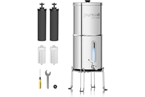 Purewell 8,5L Gravity Water Filter System – Stainless Steel Countertop Design with 4 Filters, Glass Water Level Window – Reduces Fluoride, Chlorine – for Home, Camping & Emergency Survival
