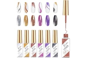 Rechoo 6pcs Esmalte Permanente Liner Brillantina, 8ML Esmaltes Semipermanentes para Uñas Glitter, Gel Liner Nail Art Pintauñas Gel Set