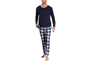 Uniexcosm Pijama de Hombre, Pijamas Hombre Algodon Pijama de Cuadros Manga Larga con Bolsillo Ropa de Casa Hombre de Cuello Redonde Pijama Conjunto Suave para Casual Hogar