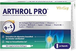 ‎VITALITY NUTRITIONALS ARTHROL PRO Gelenkkapseln Hochdosiert I 9-in1-Multi-Aktiv-Komplex ohne Zusatzstoffe Arthrose I 30 Kapseln I Gelenkschmerzen, Knorpelaufbau, Kollagen, Kurkuma I Vitality Nutritionals by VitaminExpress