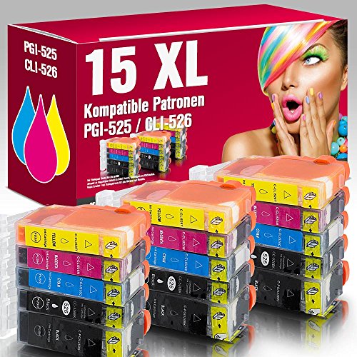 ms-point® 15 kompatible Druckerpatronen mit CHIP und Füllstandsanzeige für Canon Pixma IP4850 IP4950 IX6550 MG5140 MG5150 MG5240 MG5250 MG5300 MG5340 MG5350 MG6150 MG6200 MG6250 MG8150 MG8200 MG8240 MG8250 MX710 MX715 MX885 MX890 MX895 Patronen kompatibel zu PGI-525, CLI-526BK, CLI-526C, CLI-526M, CLI-526Y