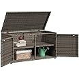 Makastle Rattan Deck Box, PE Wicker Storage Cabinet w/Doors and Shelves, Steel Frame, Patio Storage Box for Garden Balcony Porch Yard, Grey 110x55x60.5 cm