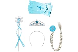 AMACOAM Amaoma 4 Pezzi Vestito Elsa Frozen Bambina Accessori Set da Principessa dei Ghiacci Corona Principessa Bacchetta Magica Treccia a Clip Guanti Set per Costume da Principessa (Azzurro)