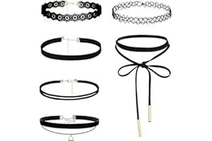 FBTOPNUM Choker-Halskette für Frauen, 6-teiliges schwarzes Choker-Halsketten-Set, schwarze Spitze, Tattoo, Samt, Choker, für Frauen und Teenager-Mädchen