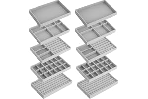 QWORK® 10 st stapelbara smyckesorganiseringsbrickor i sammet för låda – 21 x 12 x 2,5 cm – grå förvaringsdisplay för örhängen