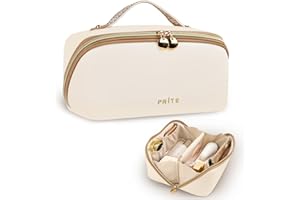 Prite Grande Capacité Trousse de Maquillage pour Femme Trousse de Toilette en Cuir PU Vanity Imperméable pour Voyage avec Séparateur Transparent et Poignée (Beige L)