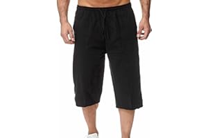 Minetom Homme Été Pantalon en Lin Lâche Capri Shorts Bermudas 3/4 Pantacourt Baggy Cargo Pants Large Cordon de Serrage