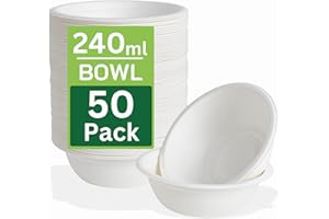 Ask Packaging 50 Pack Strong Paper Bowls – 240ml Small Disposable Compostable Bagasse Bowl for Party – (4.5 x 1.77 inches) Biodegradable Microwavable Soup Bowls - Dessert Milk Salad Cereals Christmas