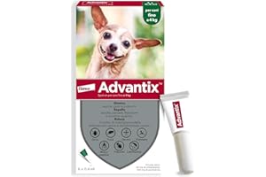6 pipettes de 4 ml d’Advantix® Spot-on, antiparasitaire pour chiens de 25 kg à 40 kg. Élimine tiques, puces, poux et larves de puces dans la maison. Protège contre les moustiques, les phlébotomes et
