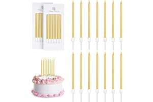 URAQT Świece urodzinowe, złote długie świeczki urodzinowe w uchwycie, metaliczne długie cienkie świeczki do babeczek, na urodziny, ślub, baby shower, przyjęcie, dekoracja, ukończenie szkoły, 12 szt