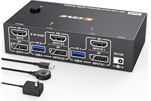 Przełącznik KVM 2 Computery 2 Monitory 8K@60Hz, MLEEDA HDMI DisplayPort Dual Monitor KVM Switch 2 Computers Udostępnij 2 Monitors i 4 Porty USB 3.0, z Adapter Zasilania, Przewodowy Pilot i 2 Kable USB