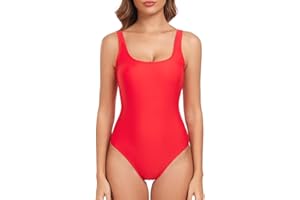 Deriwone One Piece Swimsuit Tummy Control Swimming Costume Retro Scoop Back Swimwear Padded Bathing Suits
