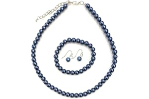 Caprilite Navy Classic Faux Pearl Necklace Earrings & Bracelet Jewellery Set Glass Beads Vintage