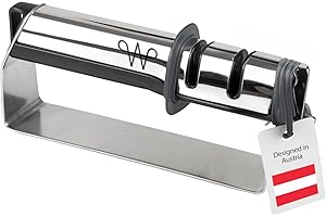 WERTA Aiguiseur de couteaux en acier inoxydable | Aiguiseur de couteaux en 3 étapes | Idéal pour les couteaux de chef & de cuisine | Pour gauchers & droitiers | Qualité Premium