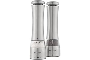 Salter BW11847EU7 Electric Salt & Pepper Mill Set – One Hand Push Button Operation, Ceramic Mechanism, Clear Acrylic, Adjustable Grind, LED Light Base, Peppercorns & Rock Salt, Stainless Steel
