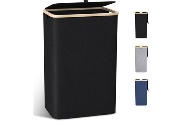 Panier à Linge avec Couvercle,100L Grand Corbeille à Linge avec Poignées en Bambou, Bac a Linge Laundry Basket Pliable XXL Pliable avec Sac Amovibles en Tissu Oxford,Noir