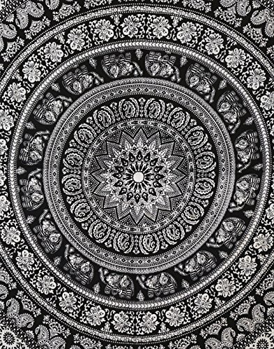 Mandala Tapetsry Hippie Wandbehang Schwarz Weiß Boho Baumwolle Wandteppich White Tapisserie Elephant Von Rajrang - 2