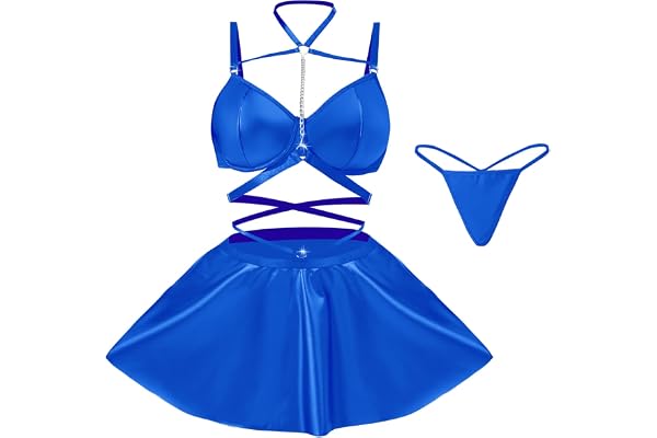 EVELIFE Ensemble de robes sexy en cuir pour femme, dos nu avec chaîne en métal, soutien-gorge push-up, effet mouillé, sous-vêtements courbés, élégants, en cuir synthétique, pour fête, rave, club, mini