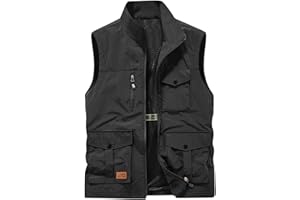 RLEHJN Gilet for Men UK Sale Clearance Quick Dry Cargo Vest Jacket Thin Activewear Vests Full Zip Stand Collar Coat Sleeveless Softshell Jacket with Pockets Outerwear for Outdoor Hiking Hunting Fishing