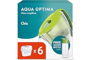 Aqua Optima Oria Water Filter Jug & 6 Evolve+ Filter Cartridges + Free 550ml Water Bottle, 2.8L, Green - Fridge & Dishwasher Friendly - Reduces Limescale, Chlorine and Other Impurities