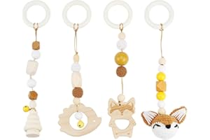 FENYW 4 Stück Spielbogen Baby Spielzeug ab 0 Monate, Anhänger Spielbogen, Anhänger für Spielbogen, Spielbogen Anhänger Holz für Mädchen Jungen, Braun