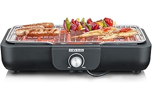 Severin barbacoa de mesa con parrilla de acero inoxidable, para interior y exterior, 2.300 W, superficie de la parrilla de 37 x 29 cm, regulación de temperatura por termostato, negro PG 8554
