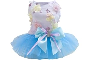 IZEFIA Chien Robe Chiot Jupe Princesse Robes Tutu Fleur de Mariage Dentelle de Luxe Bow Robe pour Petit Chien Fille M Bleu