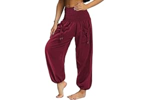 Nuofengkudu Unisex Pantaloni Harem Hippie Tasconi Tinta Unita Vita Alta Larghi Leggeri Yoga Pants Comodo Pigiama Estivi Spiaggia Casual