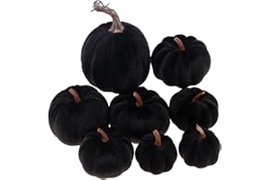 Kepfire Halloween 8Pcs Artificial Velvet Pumpkins Sets Assorted Size Handmade Fake Foam Fall Harvest Decorative for Kitchen Party Table - Black