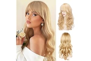 LYPPUL Lange Perücken Blond, 60cm Lange Gewellte Perücken mit Pony, Goldene Blonde lange Gewellte, Natürlich Synthetische Gewellte Perücken für Cosplay, Party