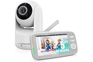 Omesiry Babyphone Caméra, Babyphone Vidéo Écran 5” HD 720P avec Fonctions Pan-Tilt-Zoom à Distance, VOX, Vision Nocturne, Capteur de Température, Fonction Interphone, Portée de 1000 Pieds (Blanc)