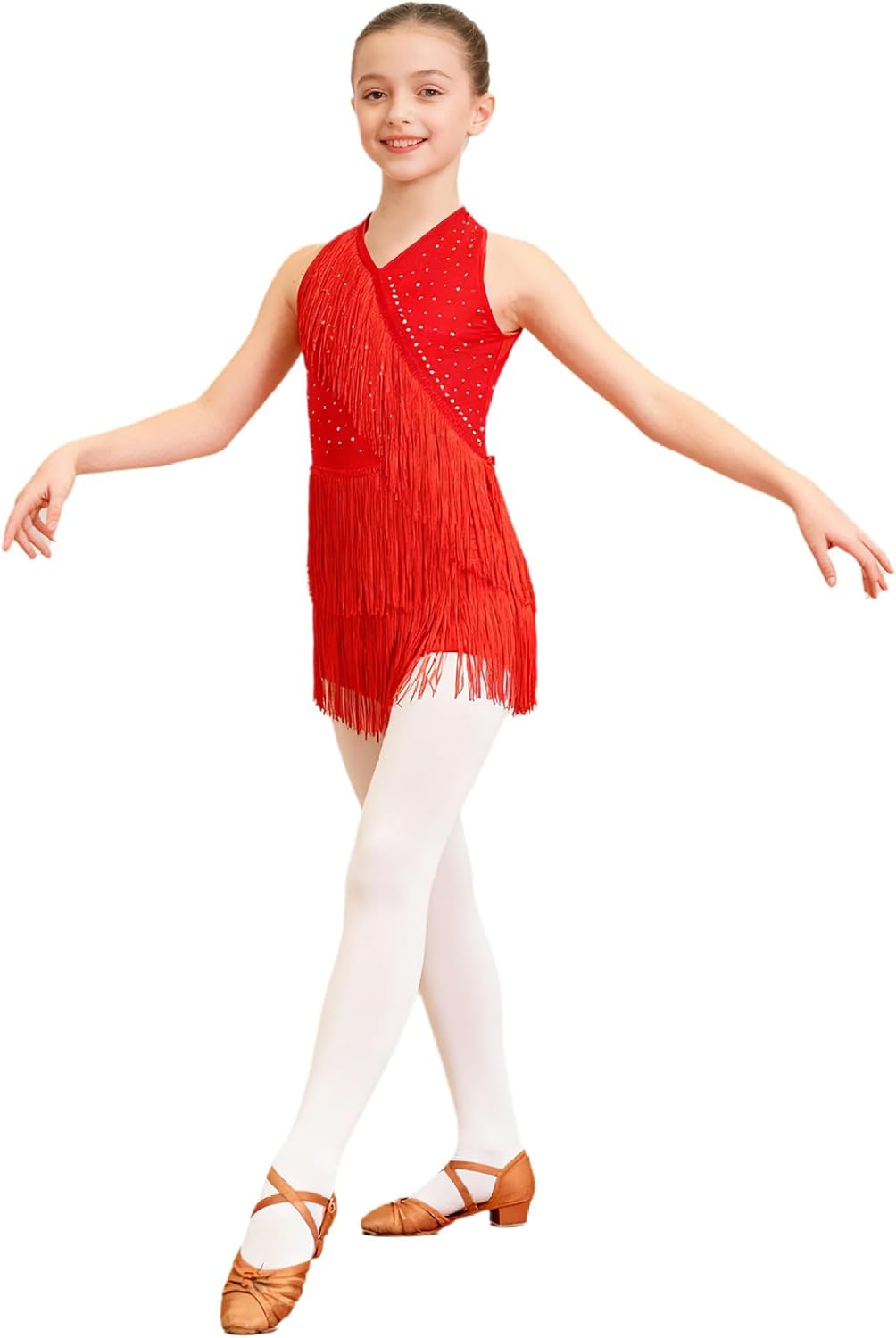 Jydiazi Vestido de baile latino para niña, con flecos, con brillantes, vestido de tango latinoamericano, Cha Cha, ropa de baile