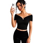TIVANTE Off-Shoulder Top for Women Stylish, Ruched V Neck Tops for Woman with Gold-Tone Metal Buckle Detail || Fitted Tops fo