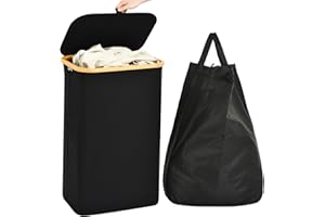 ROSOS Laundry Basket with Lid, 102L Collapsible Laundry Baskets with Removable Laundy Bag & Easy Carry Bamboo Handle, Waterproof & Foldable Laundry Hamper with Lid, Black
