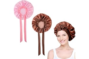 AUSYIWI 𝐀𝐔𝐒𝐘𝐈𝐖𝐈 gorro de dormir de seda de 2 piezas, gorro satén para dormir, suave y cómodo gorro satén pelo rizado con dos tiras de corbata extendida (Rosa + Curry claro)